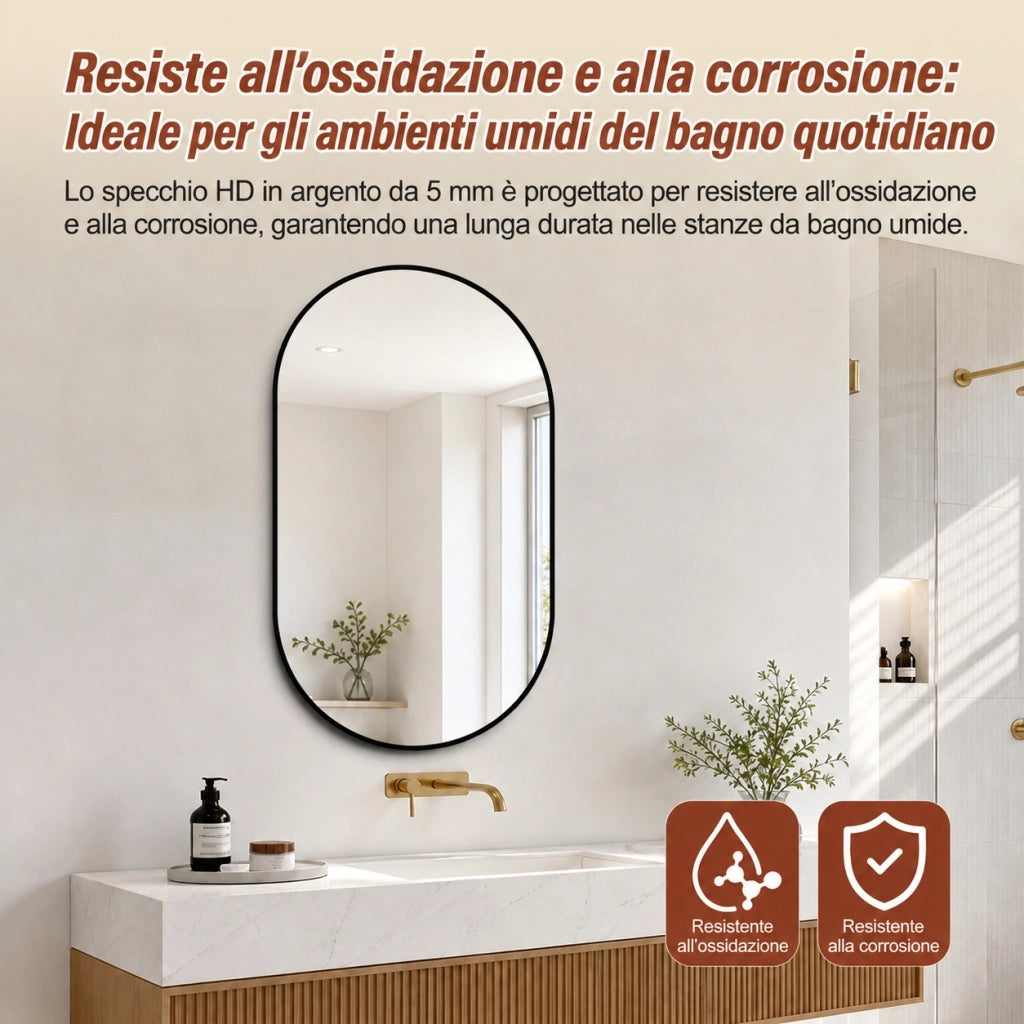 Specchio da parete 60x120 cm a capsula con cornice in alluminio nero; installazione orizzontale o verticale