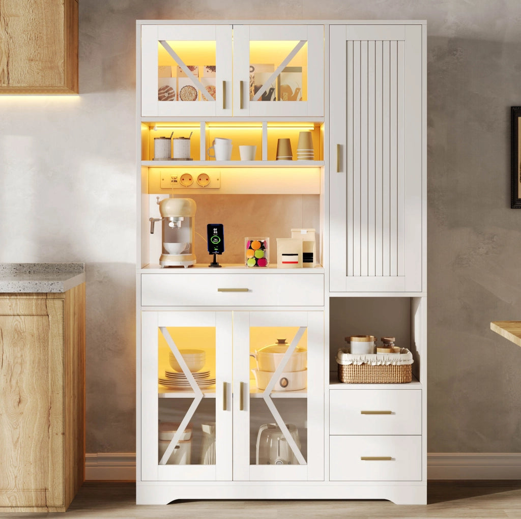Mobile buffet ULEVR 105x40x185 cm con LED multicolore via app, prese e USB, vetrina in MDF bianco