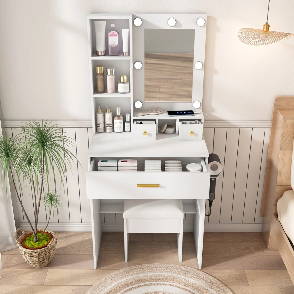 Tavolo da trucco con specchio LED a 3 modalità; presa e supporto asciugacapelli in MDF bianco