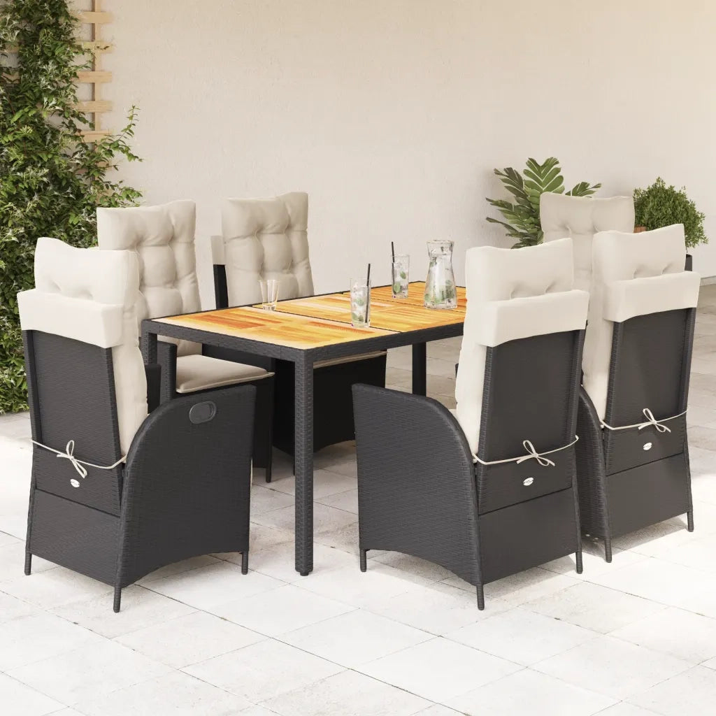 Set da Pranzo da Giardino 7 pz Nero con Cuscini in Polyrattan