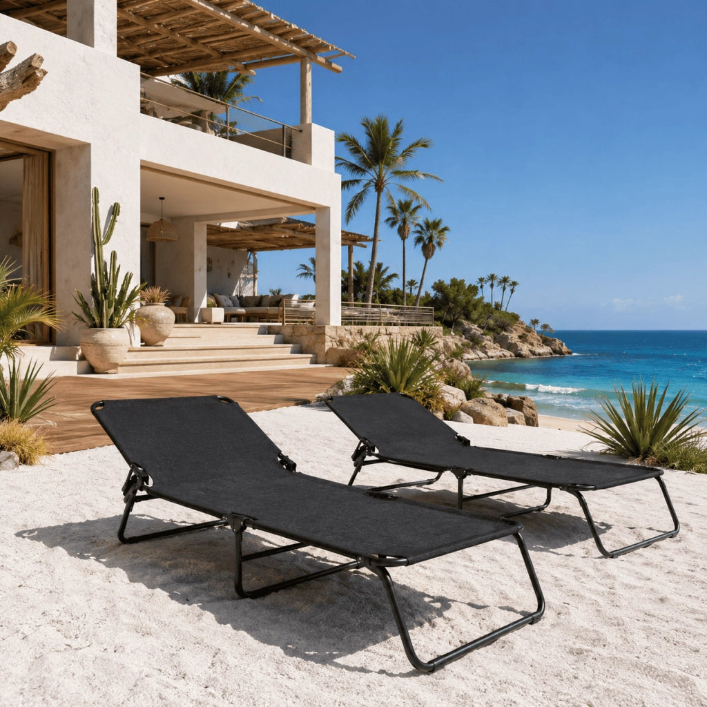 Set 2 Sdraio Mare Pieghevoli Senza Tettuccio Leggere E Portatili Schienale Regolabile Telaio In Acciaio Con Telo Traspirante Ideali Per Spiaggia Campeggio Giardino 24 x 187 x 53 Cm Nero
