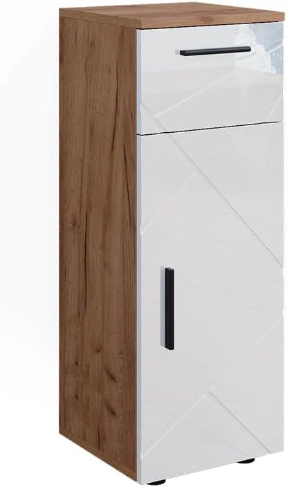 Mobiletto bagno Irma, Bianco lucido/oro power oak, 30 x 81 cm, per la conservazione in bagno, abbinabile alla serie Irma