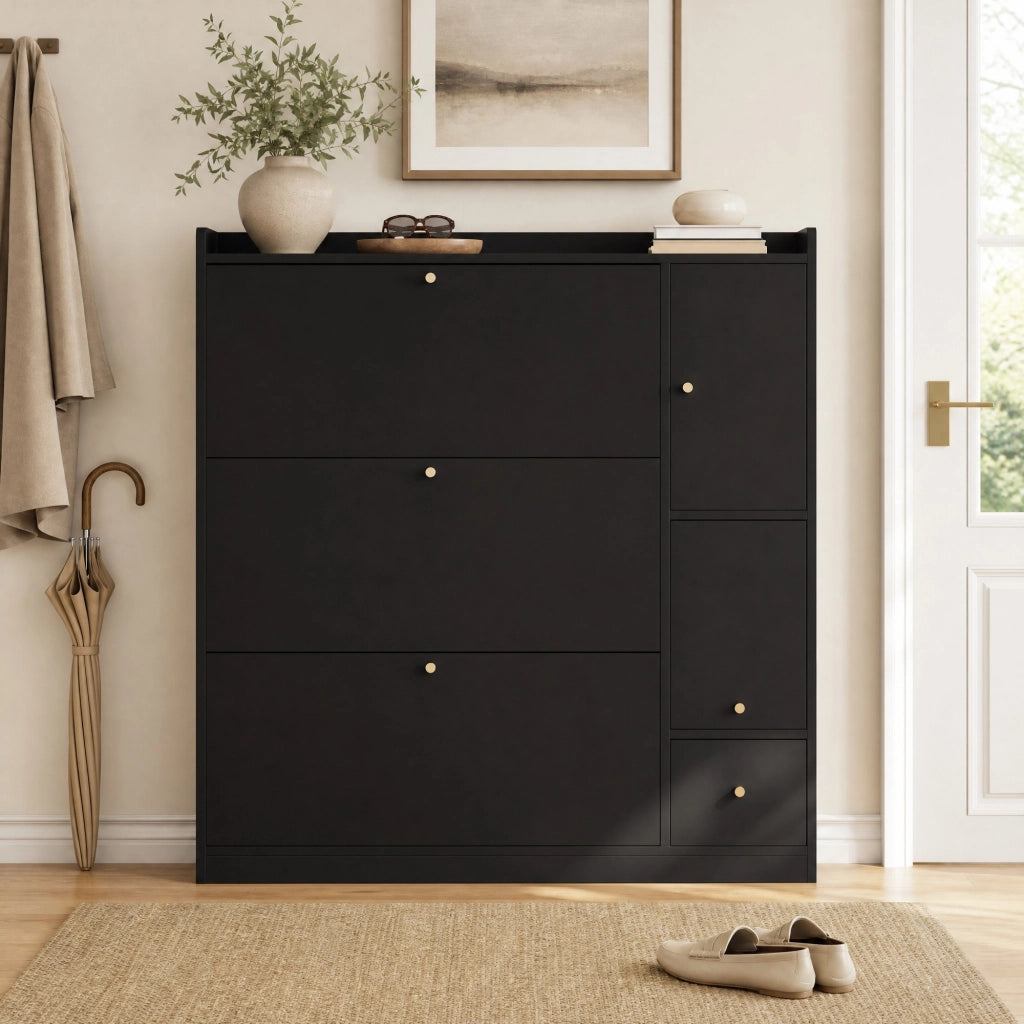 Scarpiera moderna con 3 ante a ribalta, cassetto e panca ribaltabile, colore nero, 119 x 24 x 122 cm