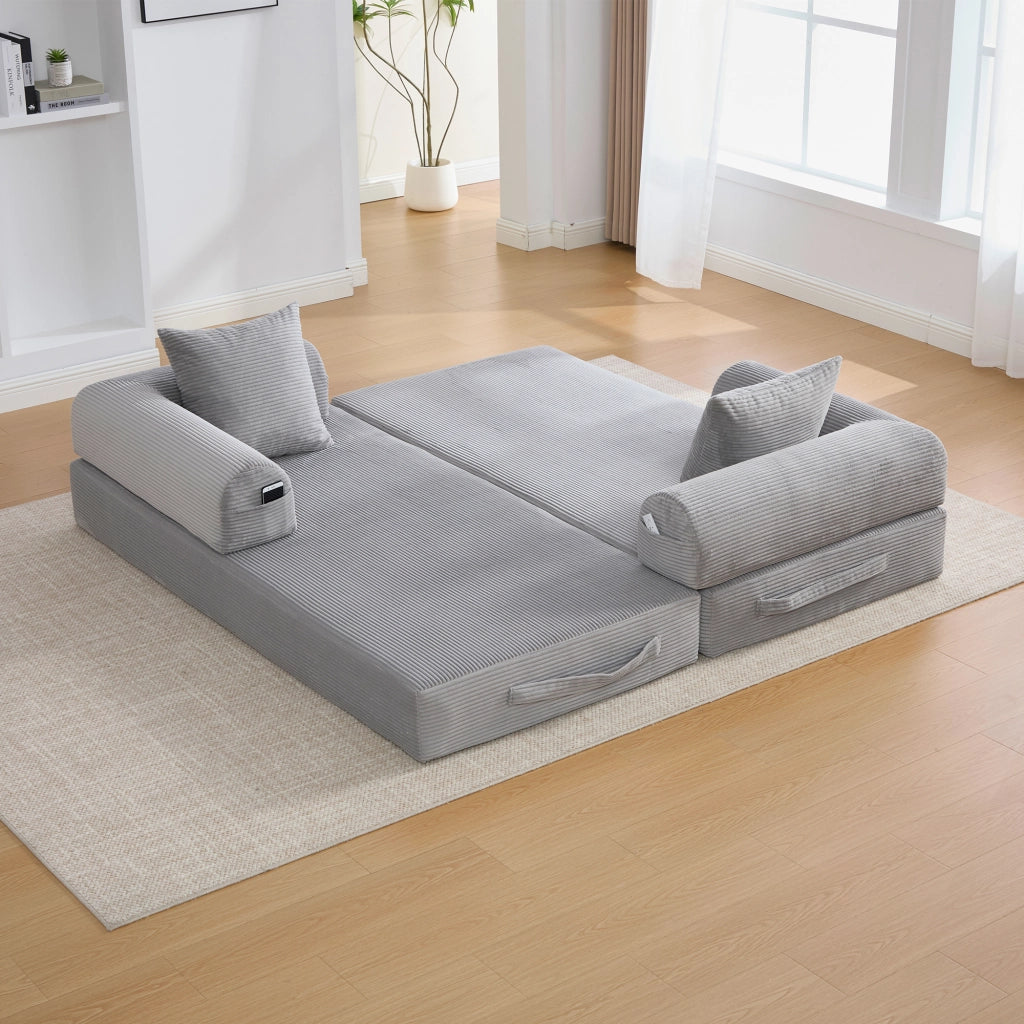 Divano modulare in tessuto a coste con tasca laterale e 3 cuscini; 200x94x67 cm; grigio chiaro