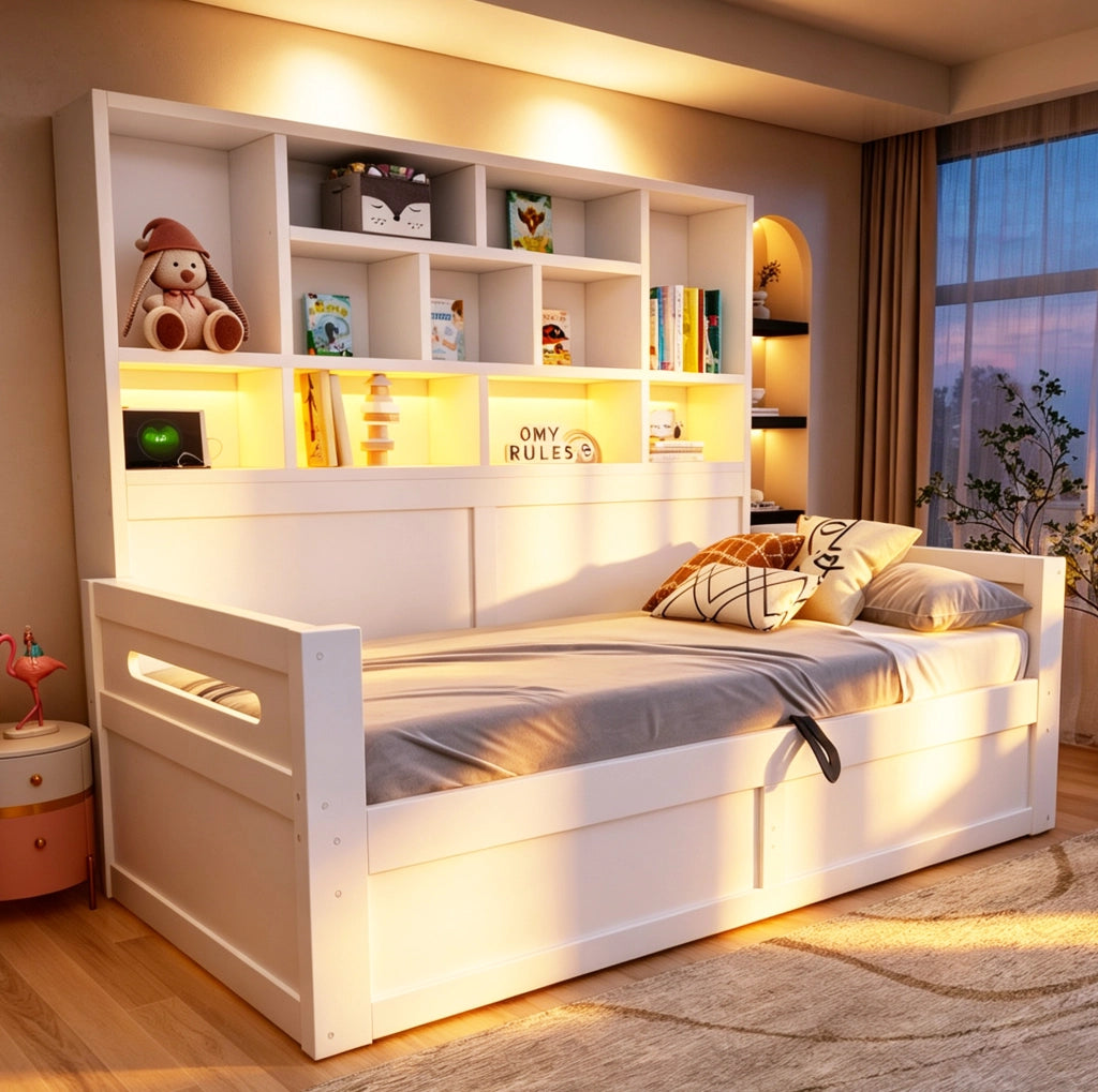 Letto singolo multifunzione ULEVR 90x200 cm con vano idraulico, LED e prese, MDF bianco