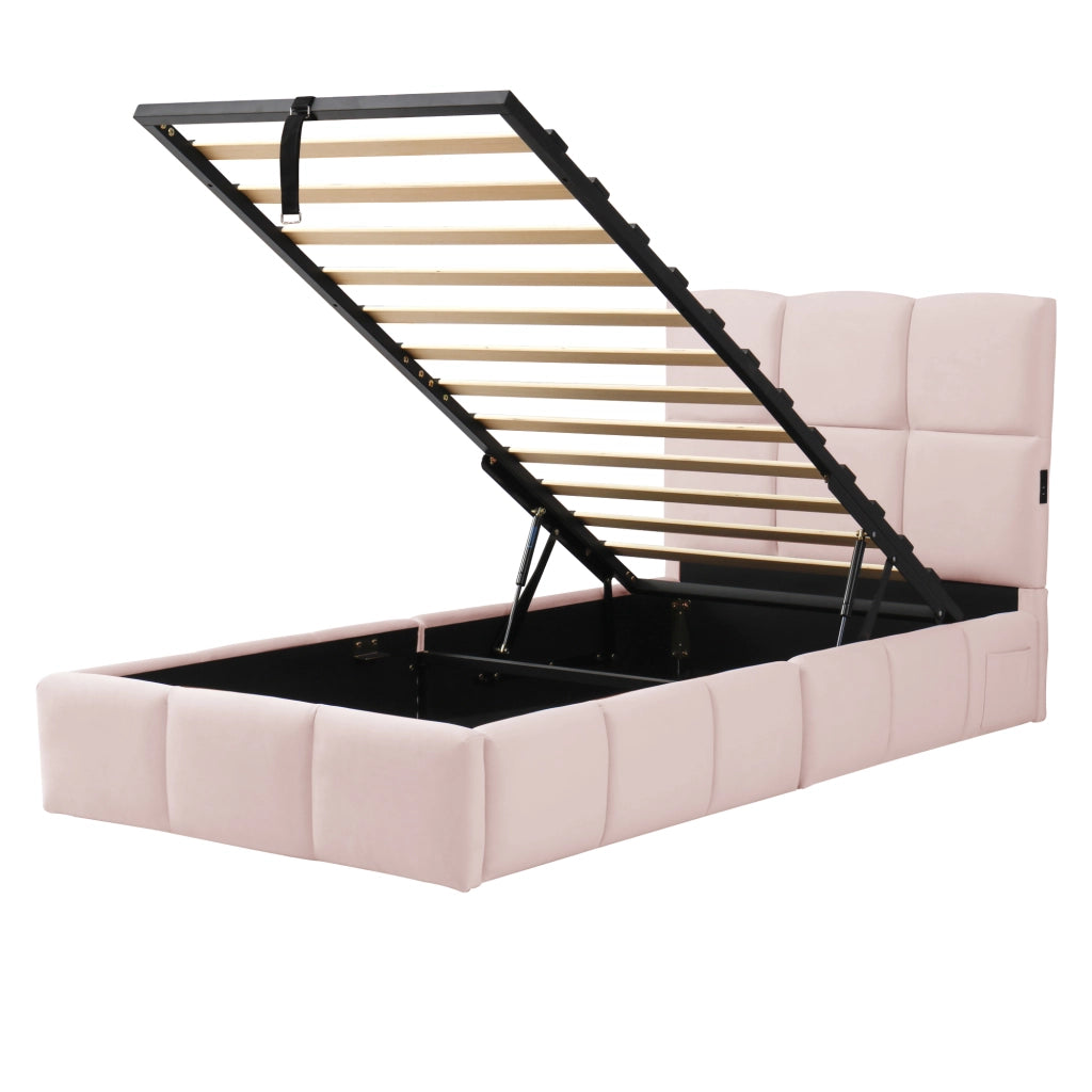 Letto singolo imbottito 90x200 cm con rete a doghe, contenitore idraulico, testiera arrotondata in velluto rosa, USB-C