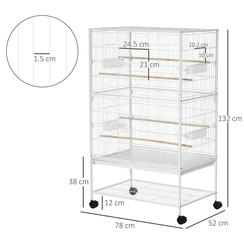 GABBIA PER UCCELLI DA INTERNI CON VASSOIO ESTRAIBILE, 4 RUOTE E TRESPOLO, 78X52X132 CM, BIANCO