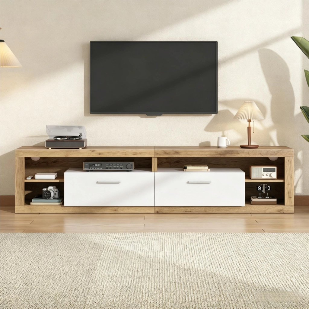 Mobile TV con 2 cassetti e 4 vani; LED controllata da app - per soggiorno - 180×35.5×50 cm - in truciolare - naturale