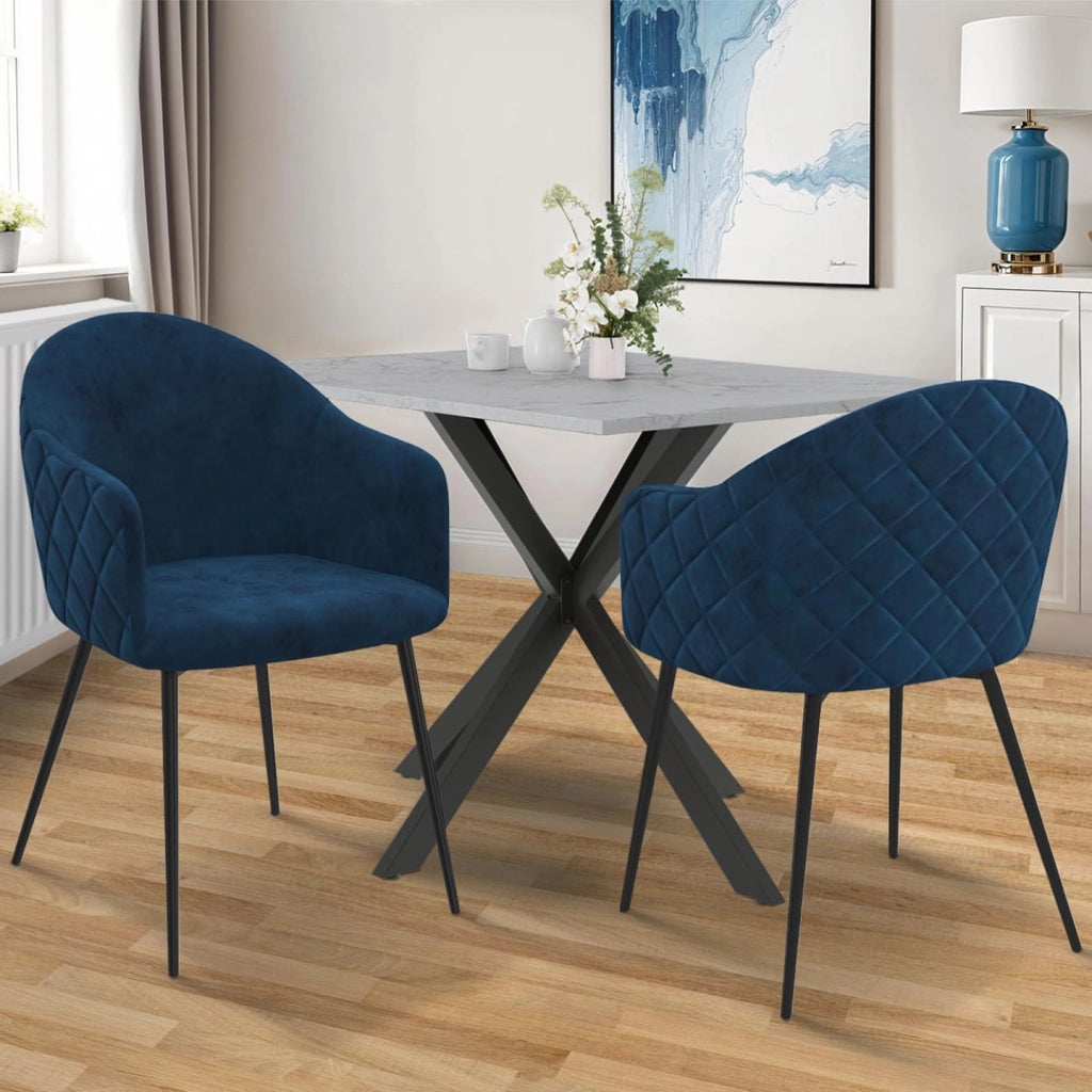 Set di 2 sedie da pranzo e poltrone da tavolo MOLY in velluto goffrato blu anatra