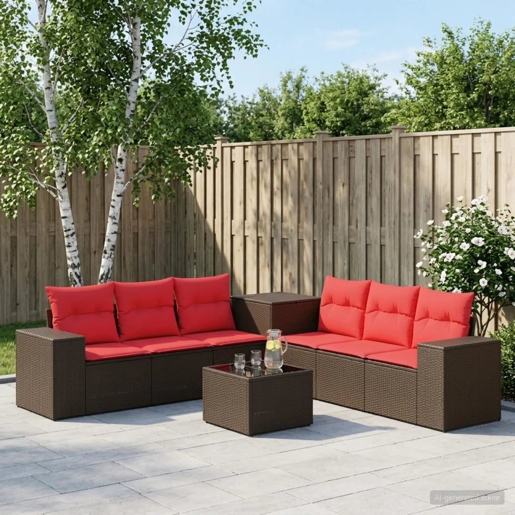 Set di divani 8 pz Marrone e Rosso Rattan sintetico e Acciaio 3448489