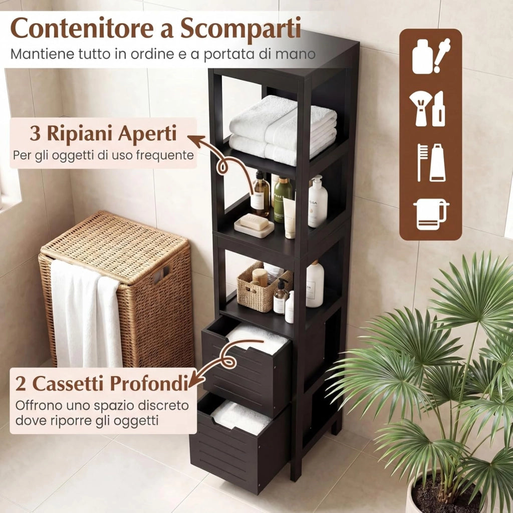 Mobiletto Alto e Stretto Salvaspazio, Mobile da Bagno con 2 Cassetti e 3 Ripiani, Mobiletto in Legno per Camera da Letto, Soggiorno e Ingresso, 30,5 x 30,5 x 145 cm (Nero)