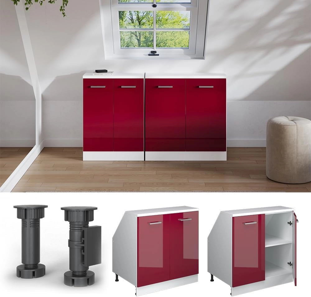 Mobile sottotetto Rion, Rosso lucido, 80 x 81.6 cm con 2 porte, carcassa 60 cm profondità, adatto per il salvaspazio sotto tetti spioventi