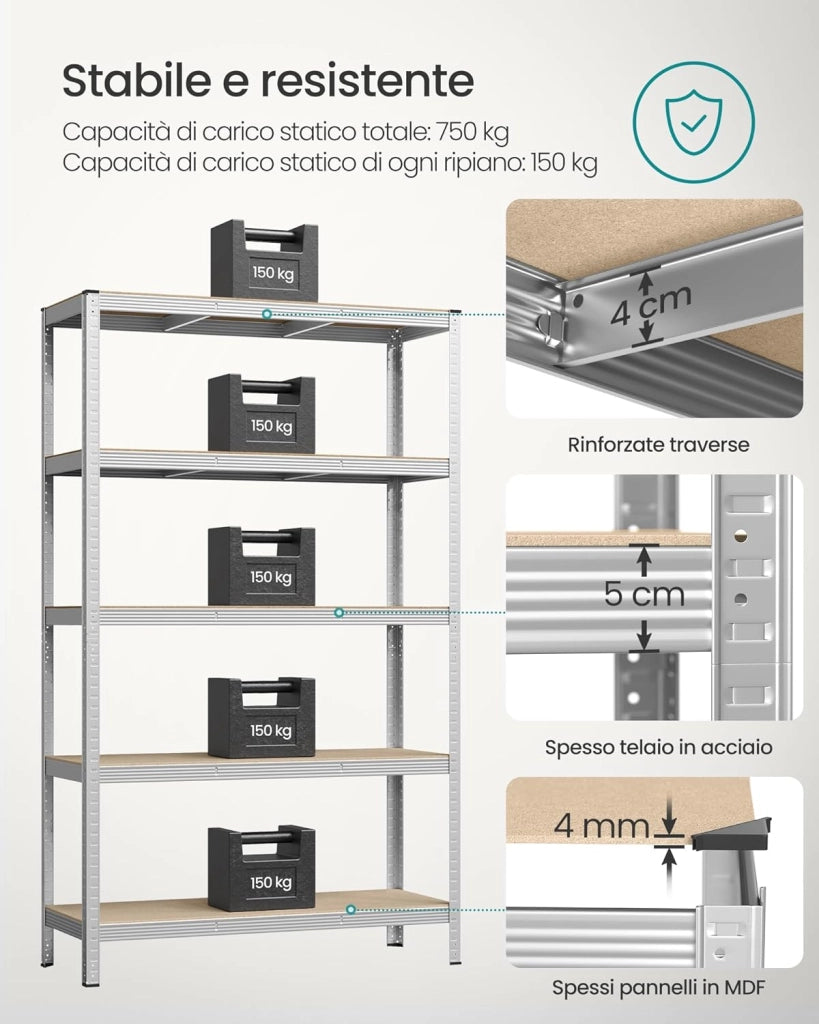 SONGMICS Scaffalatura a 5 Ripiani, Scaffale in Acciaio, Montaggio Senza Viti, Utensili, Strumenti in Garage, Magazzino, Ripostiglio, Portante 750 kg, 60 x 120 x 200 cm, Argento GLR060E01