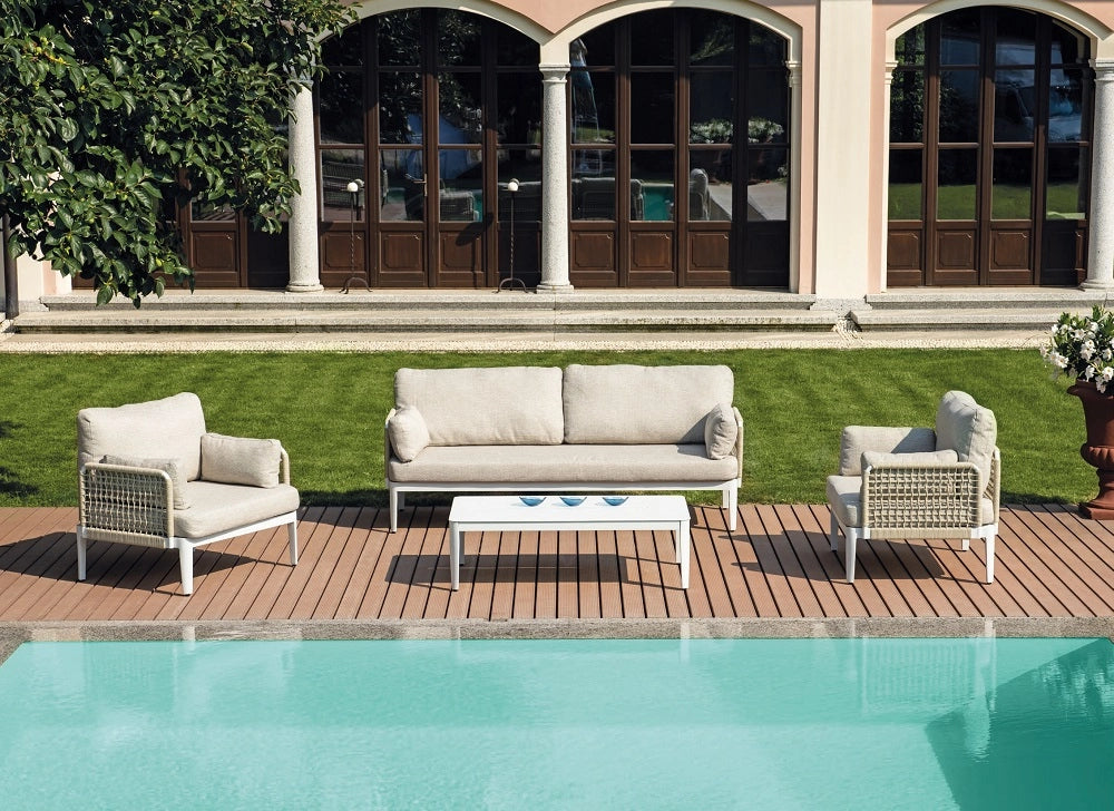 Salotto da esterno divano con poltrone e tavolino alluminio bianco, corda beige Bandol