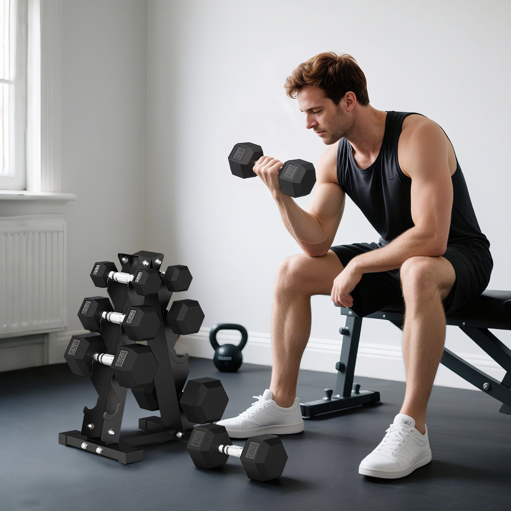 Set 8 Pesi Manubri con Supporto Coppie da 2-5-8-10 Kg in Ghisa Rivestita in Gomma Nero