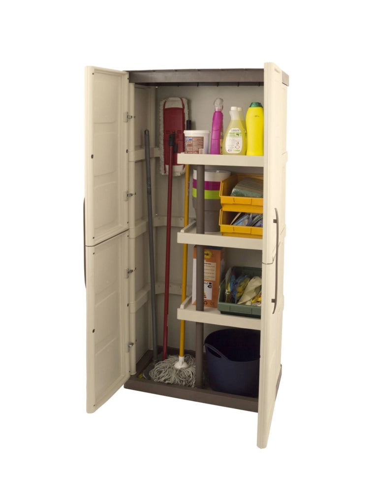 Armadio portascope da esterno o Ipno, Mobile a 2 ante e 3 ripiani in polipropilene, 100% Made in Italy, cm 70x39h165, colore Beige