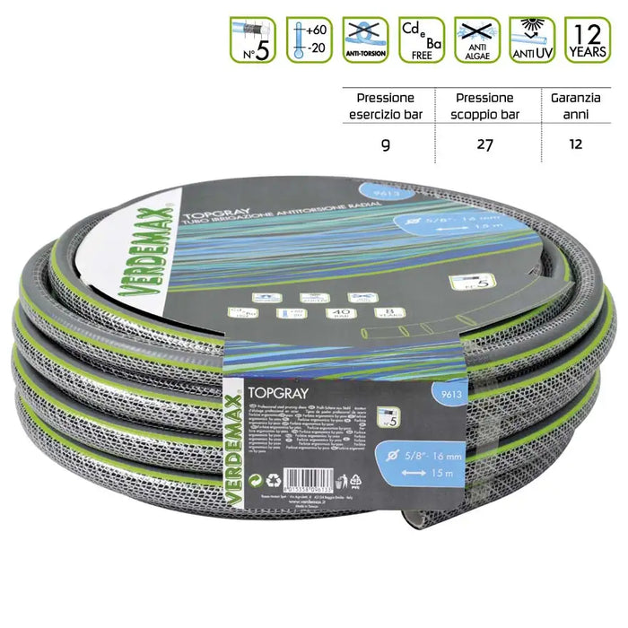 Tubo da Giardino 5 Strati Antitorsione TopGrey – Ø 5/8" – Rotolo 25 m