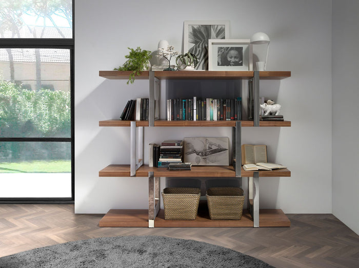 Libreria in noce con ripiani in vetro nero