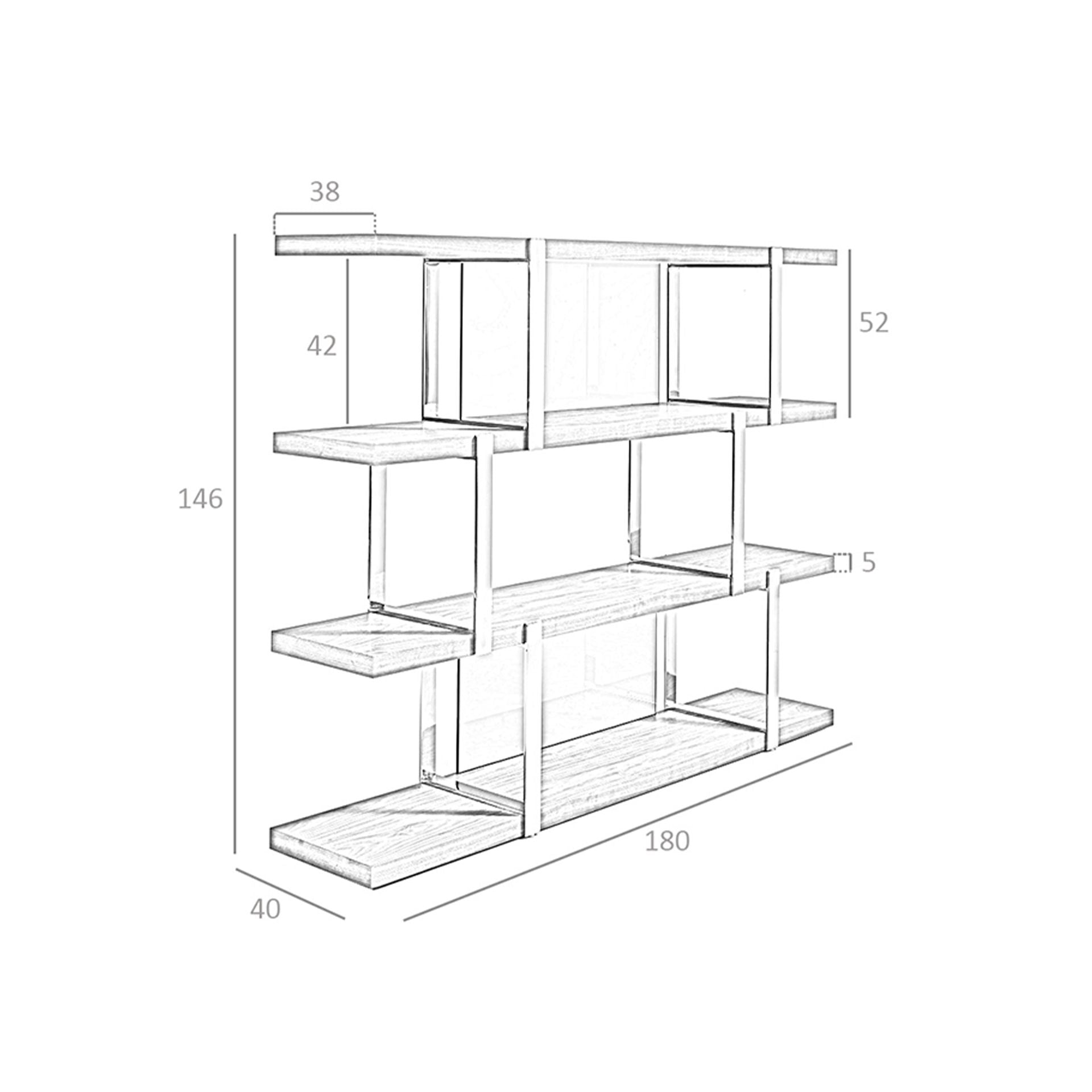 Libreria in noce con ripiani in vetro nero