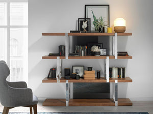 Libreria in noce con ripiani in vetro nero