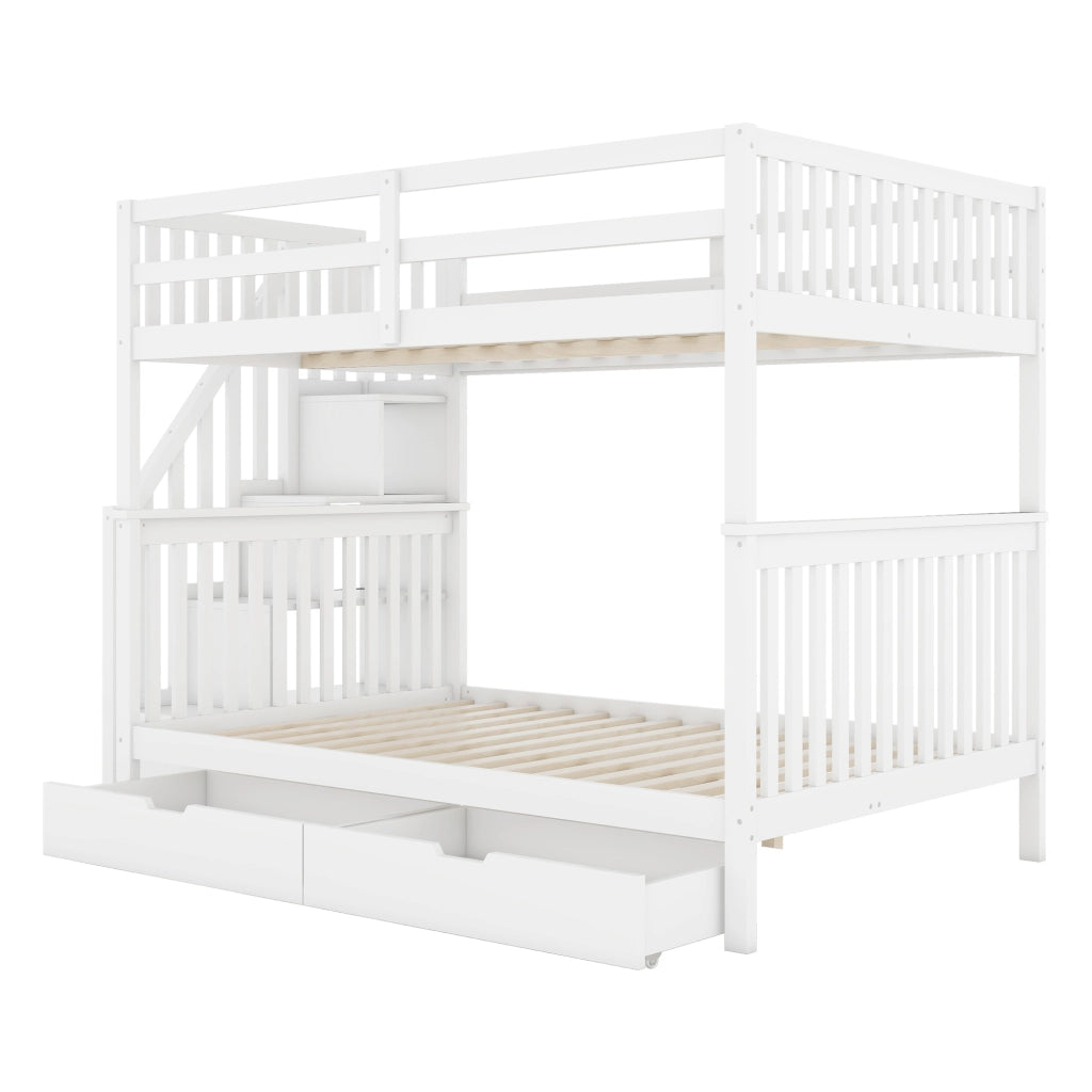 OKWISH Letto a Castello 140×200 cm, Letto Matrimoniale con Scala con Ripiani, 2 Cassetti e Sponde Alte, senza Materasso, Bianco