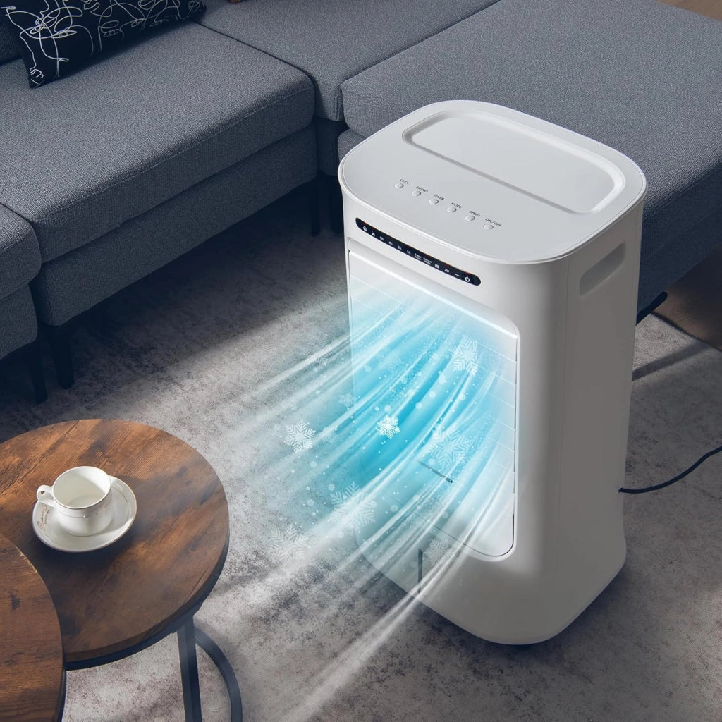 Ventilatore Condizionatore Portatile, 4 in 1 Ventilatore, Umidificatore, Purificatore d'Aria, Climatizzatore, Timer 15H, 3 Modalità & 3 Velocità, Telecomando, 2 Confezioni di Raffreddamento