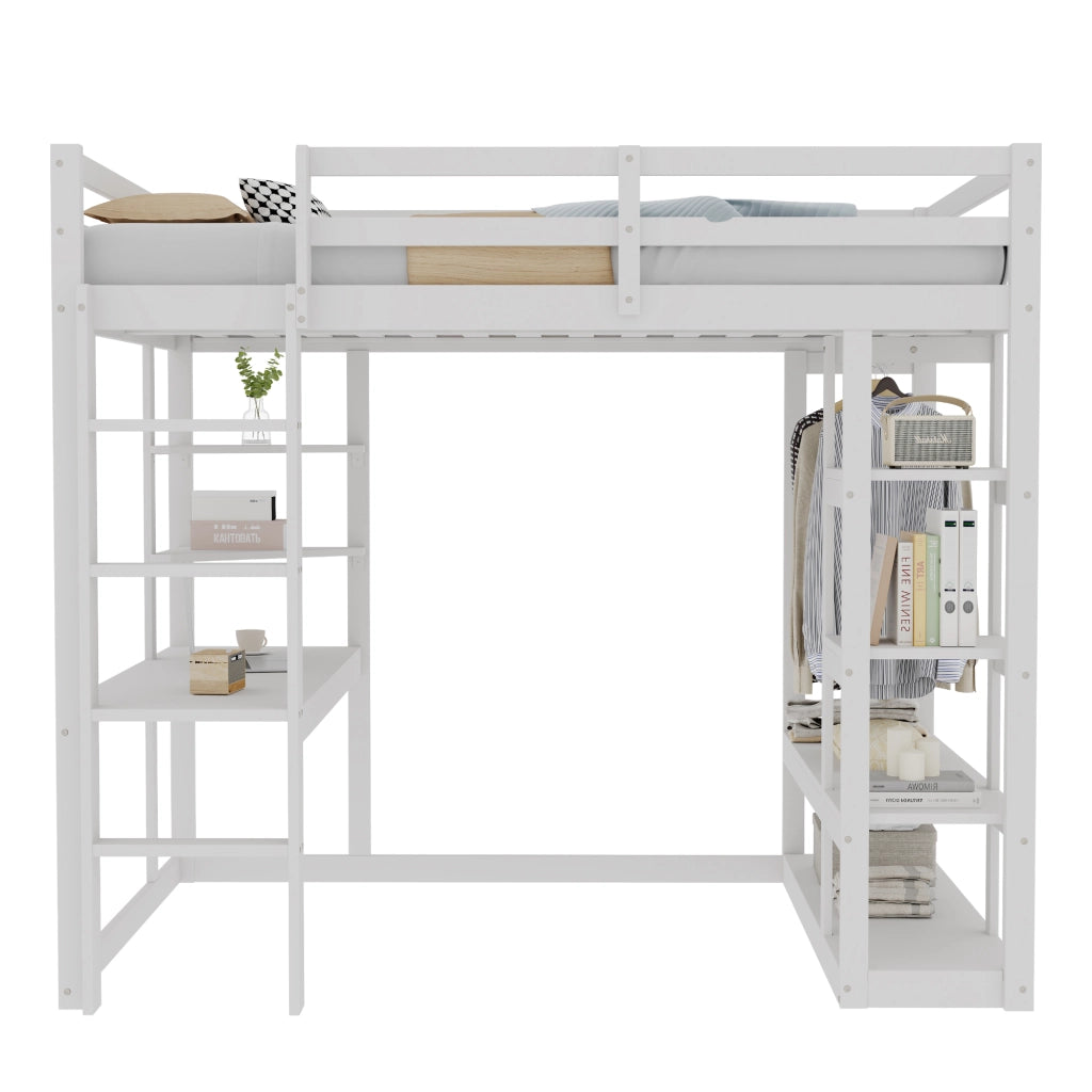OKWISH Letto a soppalco 140×200 cm, Letto Matrimoniale con Scrivania, Mensole e Appendiabiti, senza Materasso, in Legno, Bianco