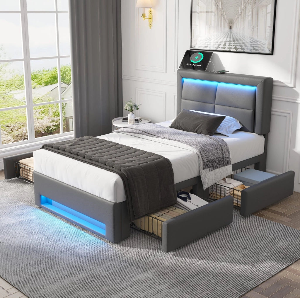 Letto imbottito 90x200 cm in PU grigio con USB; illuminazione LED e 4 cassetti