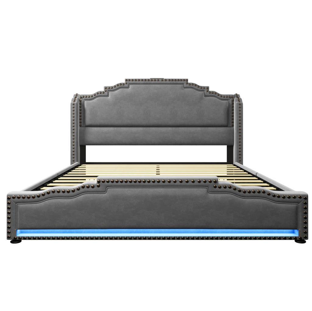 Letto matrimoniale 140x200 cm in velluto grigio con 4 cassetti; LED e porte USB-Type C
