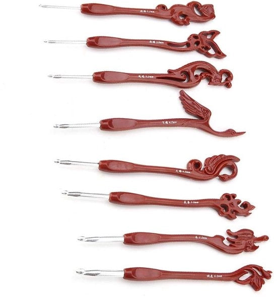 Set di uncini per filo 8 pezzi - uncini in alluminio - maniglia ergonomico - design retro uccello - adatto per fili di rame - misure 2,5-6 mm - uncini a ago