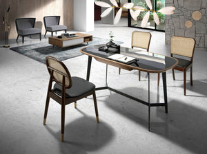 Scrivania in noce e acciaio nero con piano in vetro nero