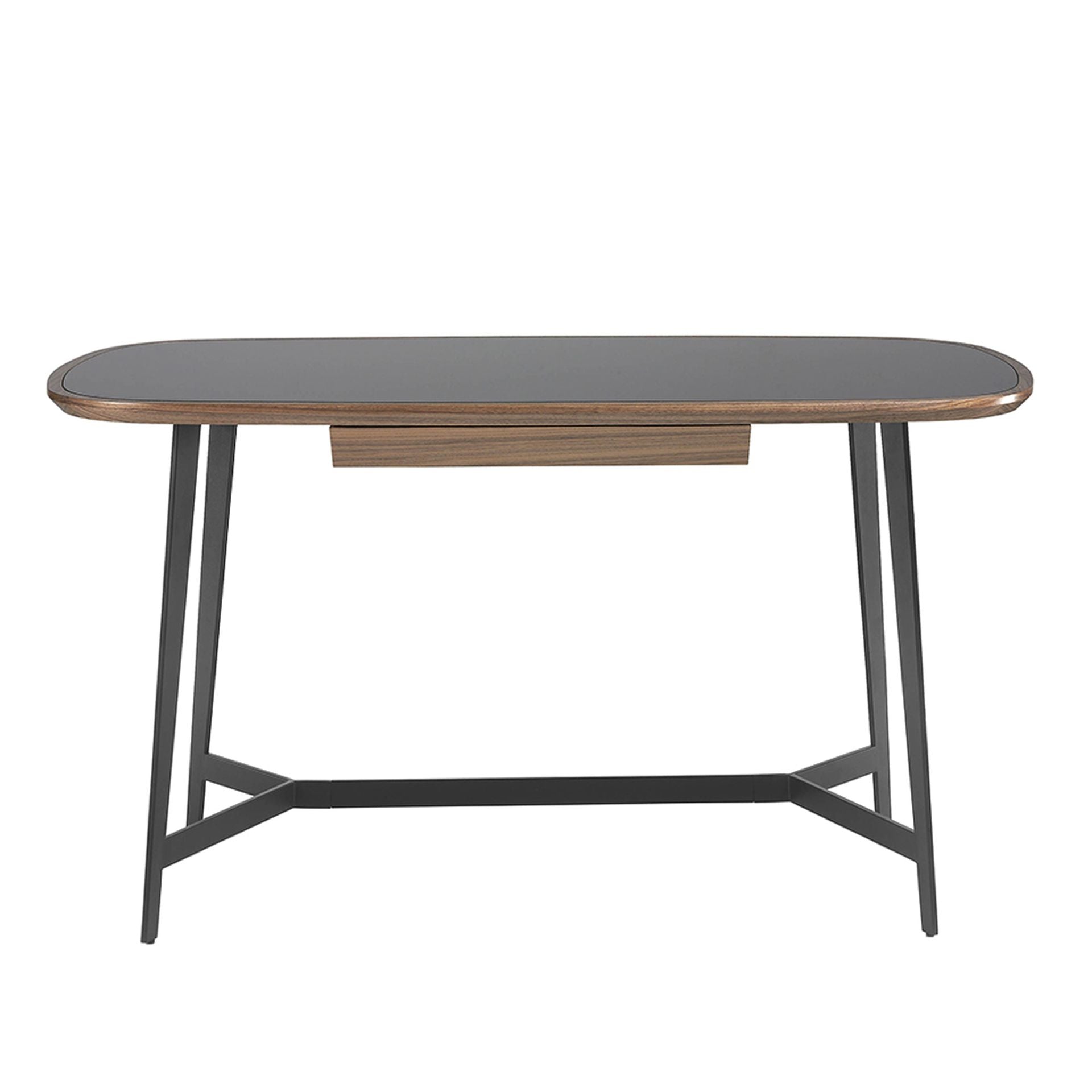 Scrivania in noce e acciaio nero con piano in vetro nero