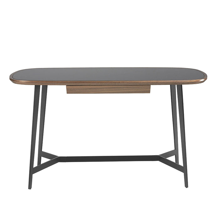 Scrivania in noce e acciaio nero con piano in vetro nero