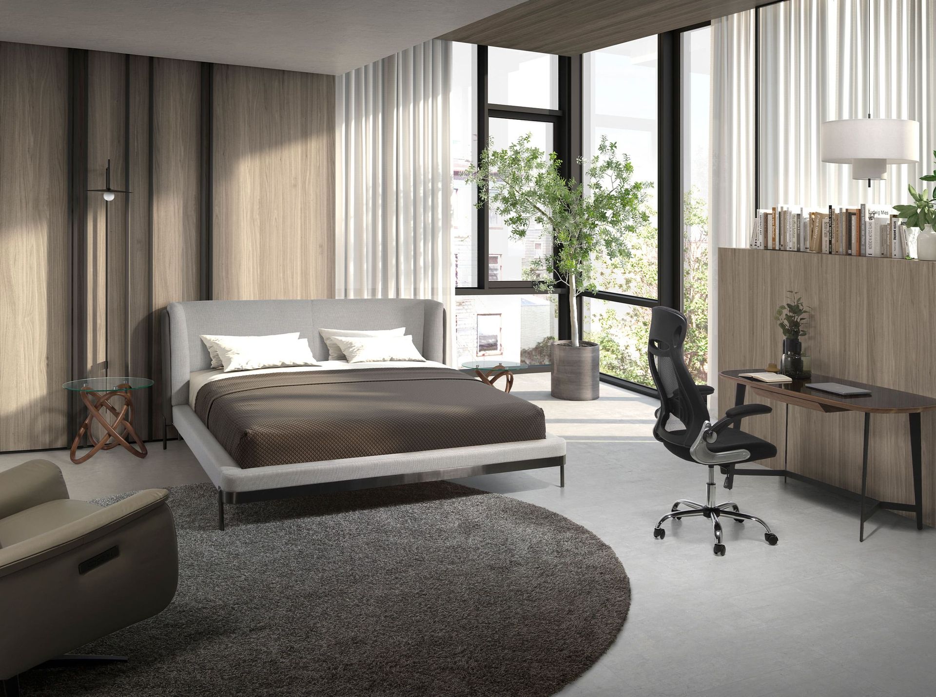 Scrivania in noce e acciaio nero con piano in vetro nero