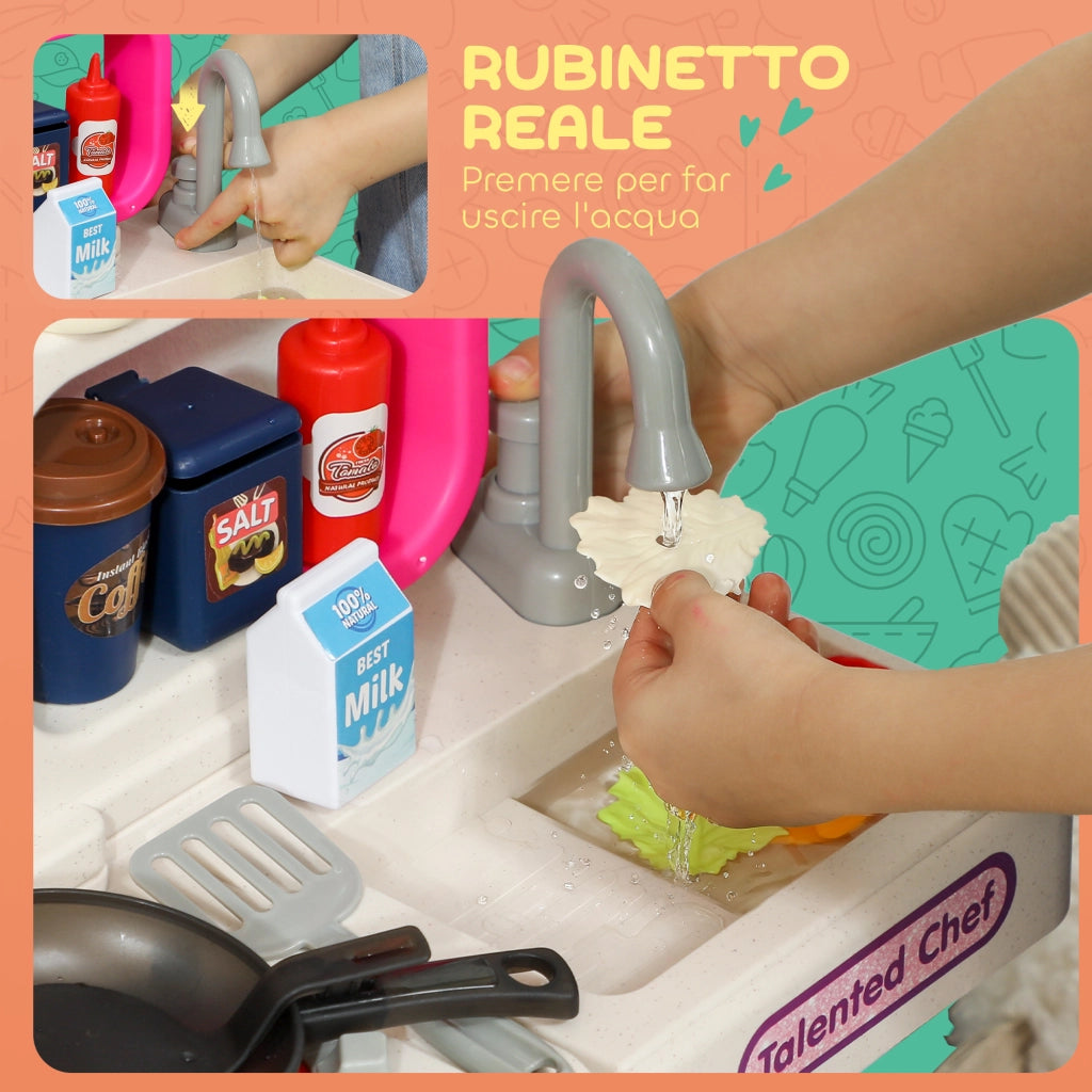 Cucina Giocattolo per Bambini 3-6 Anni con 104 Accessori, in PP, PE e ABS, 52.5x22x100 cm, Rosa