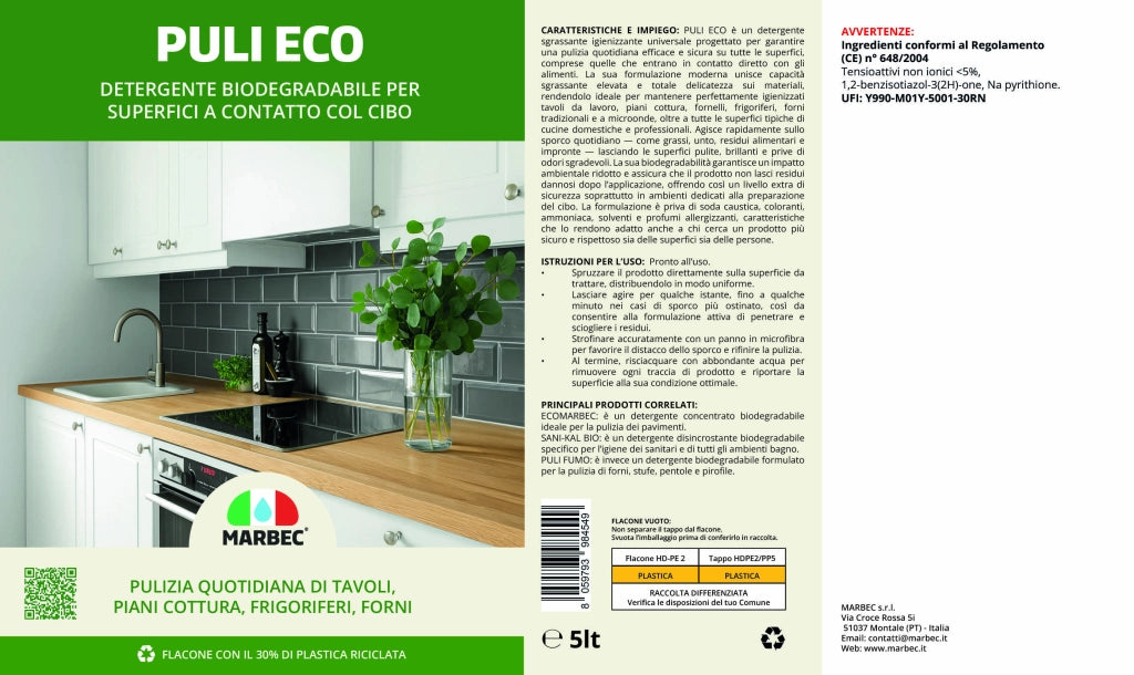 Detergente sgrassante multiuso, efficace su superfici delicate, pronto all'uso Marbec PULI ECO - 5LTx4Pz