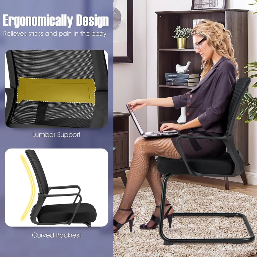 Sedia Ufficio Ergonomica con Supporto Lombare,Schienale Rete Mesh Traspirante + Braccioli Regolabili,Struttura a Slitta, Per Sale Riunioni, Reception e Attesa, Design Moderno in Nero