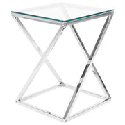 Tavolino Argento Struttura In Acciaio Vetro Piano Quadrato Geometrico Glam Design