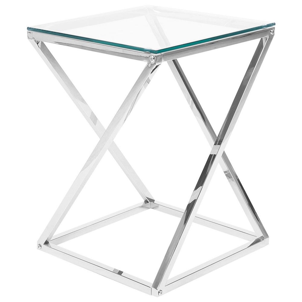 Tavolino Argento Struttura In Acciaio Vetro Piano Quadrato Geometrico Glam Design
