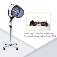 Casco Asciugacapelli 1180W ad Altezza Regolabile, Casco per Capelli con Timer 60 Minuti e Ruote Girevoli, in PP, PC e Acciaio, 65x65x115-165 cm, Bianco