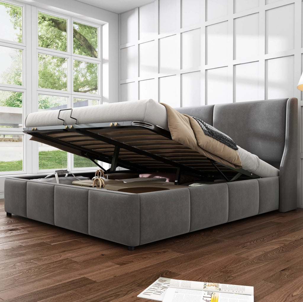 Letto imbottito con contenitore e rete a doghe 140x200 cm in velluto grigio