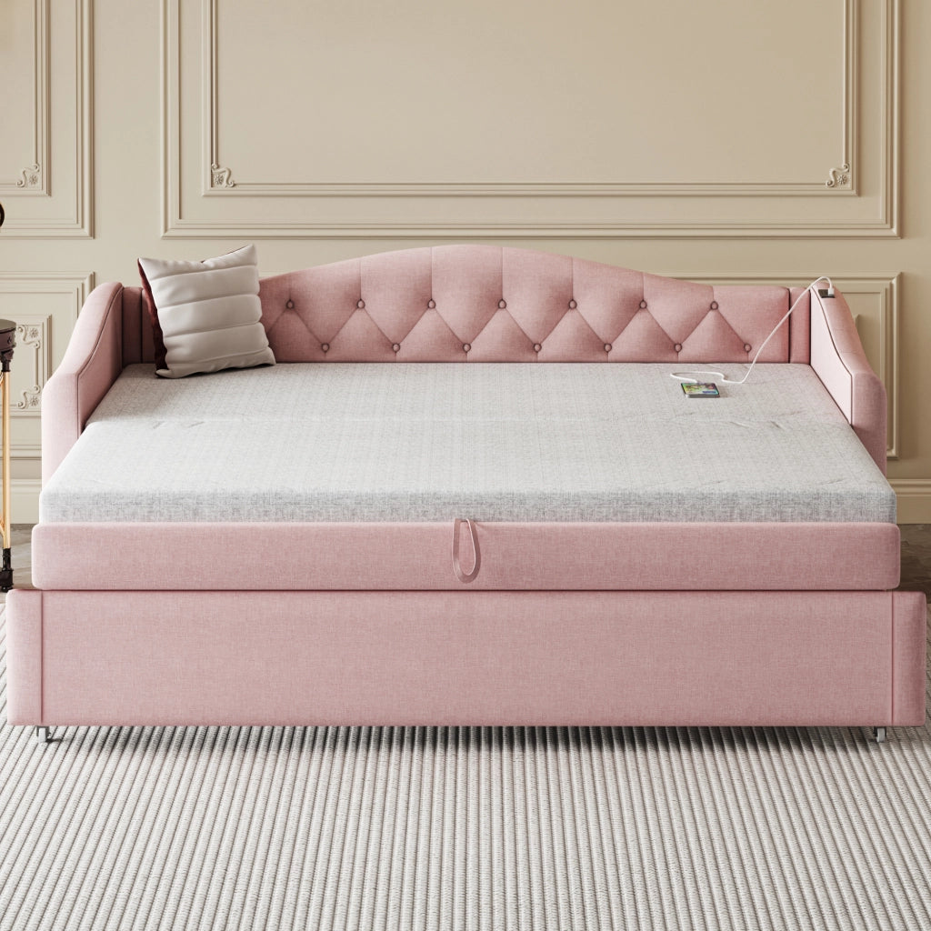 DESMIU Divano letto 90 × 200 cm 1 posto con porta USB, in lino, con materasso, rosa