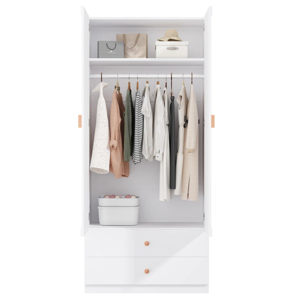 Armadio guardaroba 2 ante con 2 cassetti e appendiabiti 90x45x200 cm bianco