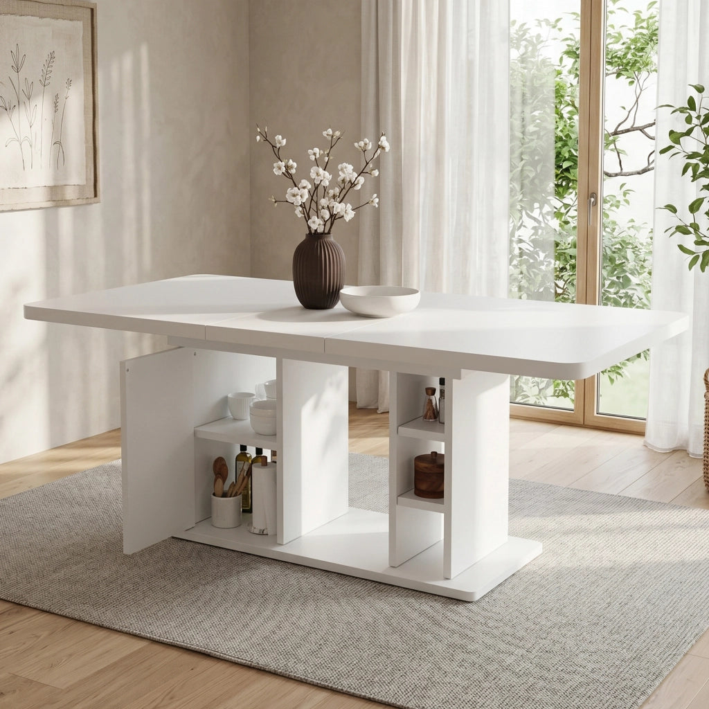 Tavolo da pranzo allungabile 140/180 x 80 cm con vano contenitore, bianco, MDF