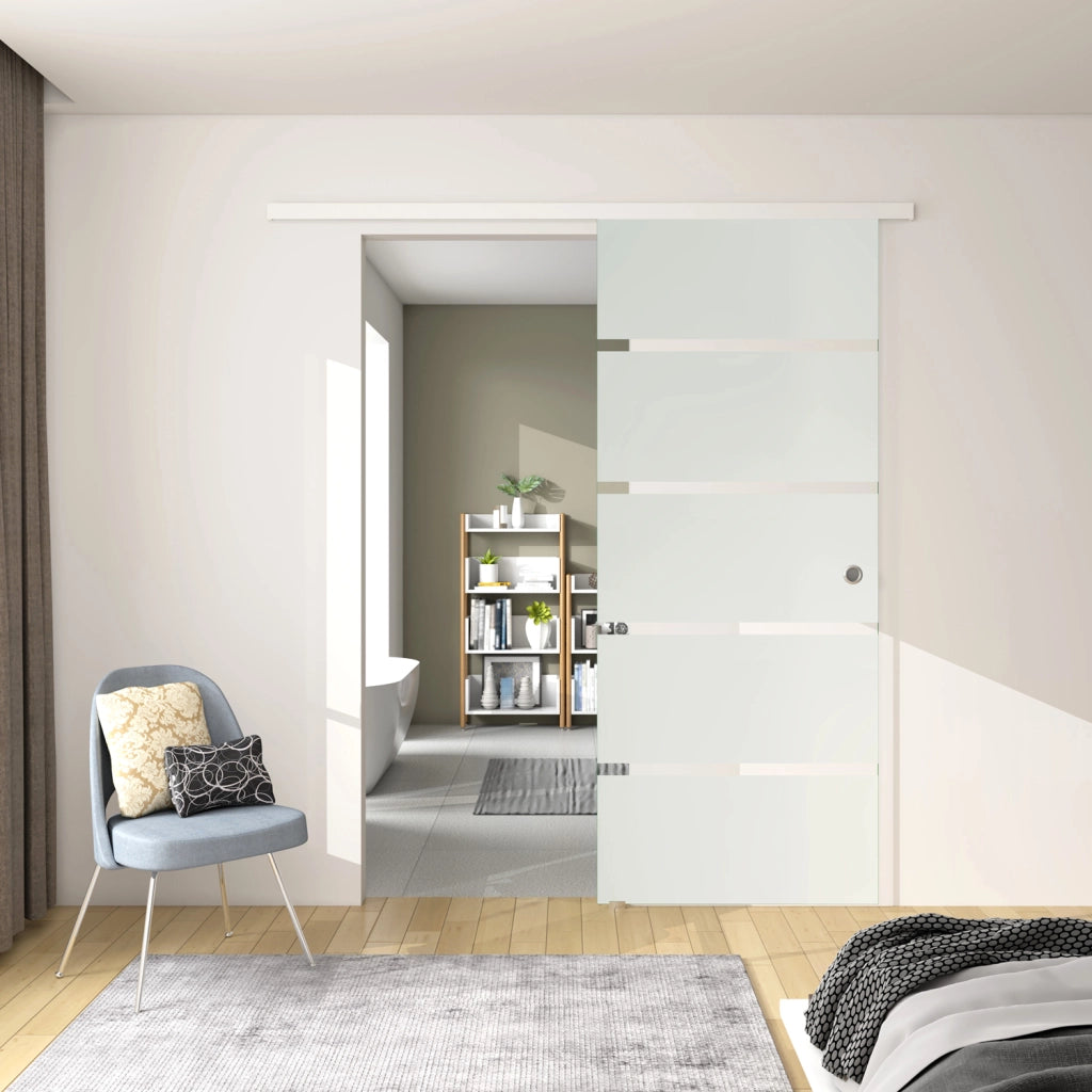 Porta Scorrevole Interna 77x215 cm in Vetro Temperato da 8 mm Opaco con Fasce Bianche Serigrafate Binario Alluminio Bianco