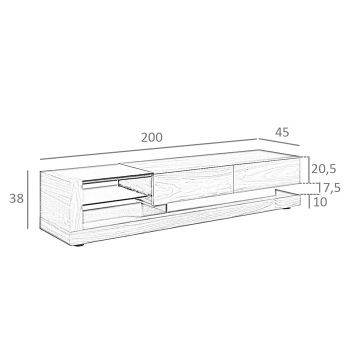 Mobile TV in noce, acciaio lucido e piano in vetro nero