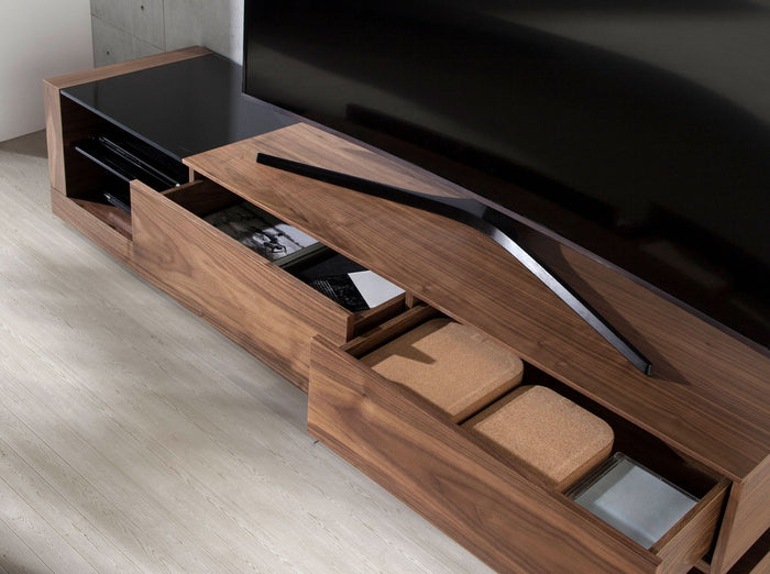 Mobile TV in noce, acciaio lucido e piano in vetro nero