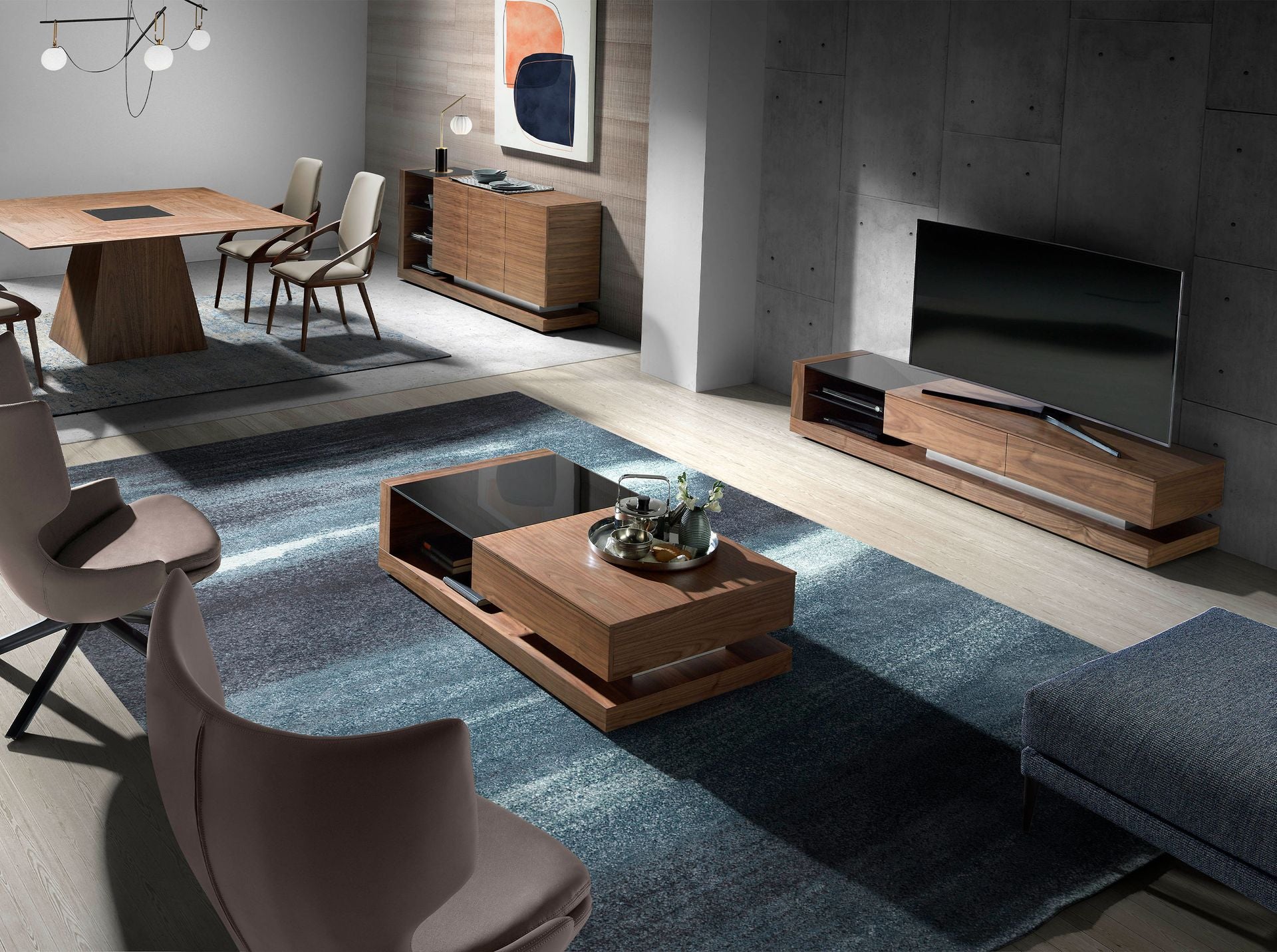 Mobile TV in noce, acciaio lucido e piano in vetro nero