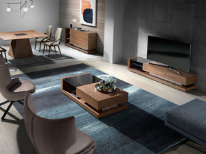 Mobile TV in noce, acciaio lucido e piano in vetro nero