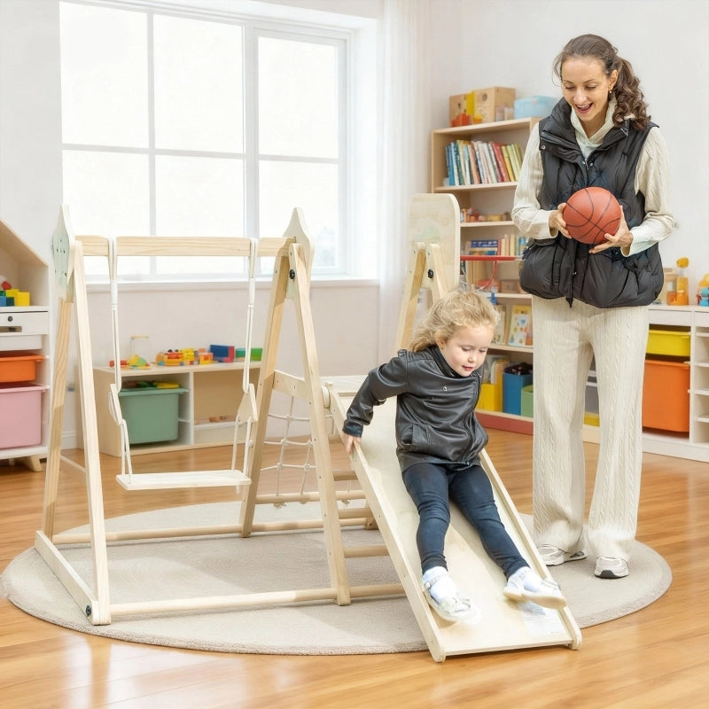 Struttura da arrampicata indoor 5 in 1 pieghevole in legno naturale per bambini
